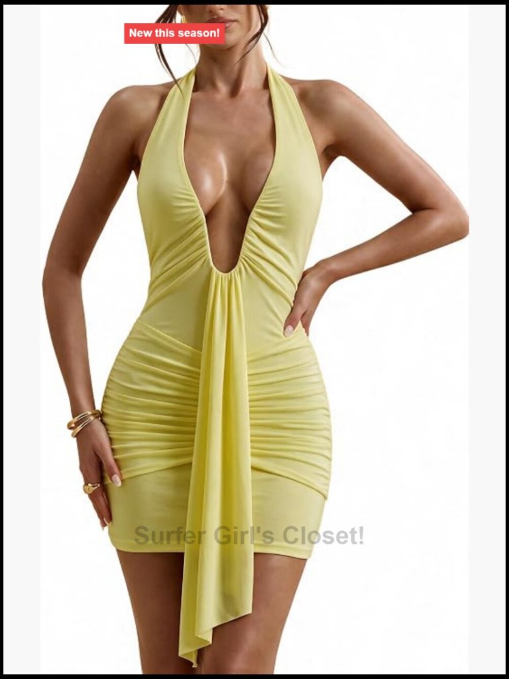 Women's Halter Mini Dress Deep V-Neck Backless Ruched Bodycon Sleeveless Club